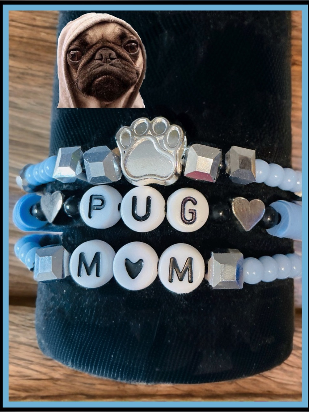 3 piece Pug Mom Paw Beaded Pet Bracelet Set